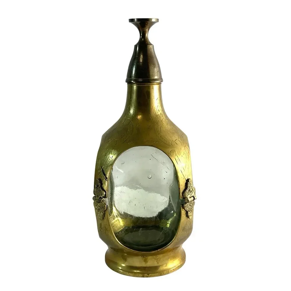 Vintage Indian Solid Brass & Glass Liquor Decanter Flask with Cup Stopper 10”